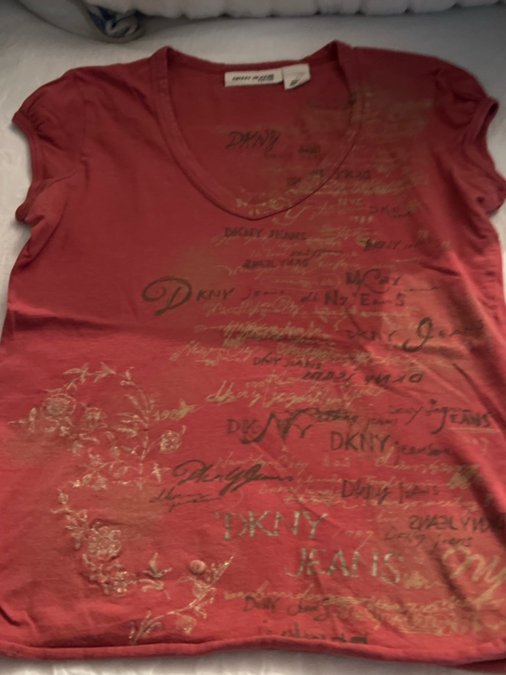DKNY Red Graphic V-Neck Tee
